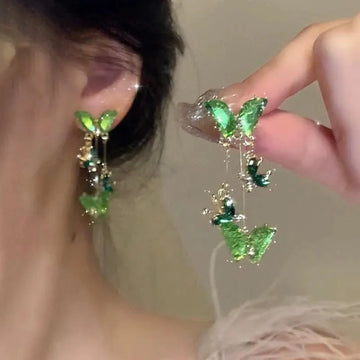 DAIIIBABYYY  -  Retro Butterfly Earrings Green Zircon Long Tassel Pendant Women's Earrings Fashionable Elegant Women Wedding Party High Jewelry